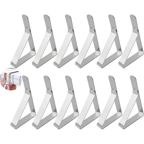 Lot de 12 pinces à nappe (argentées), pinces à nappe en acier inoxydable, adaptées à une utilisation en extérieur, en famille, pour les dîners, les pique-niques, les fêtes et les mariages. (1/5)