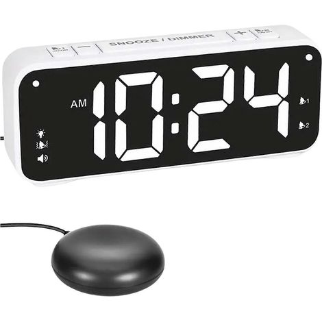Réveil décoratif USB avec fonction de vibration pour matelas, idéal pour les personnes ayant des difficultés à se réveiller, boîtier blanc. (1/5)