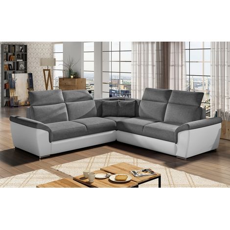 Canapé d'angle - convertible - FELIPE - en tissu gris et simili cuir blanc, 5/6 places (1/5)