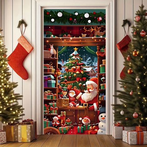 Nouvelle décoration de porte de Noël, cadre/bannière de porte/scène de Père Noël pour jardin/cour extérieure - 90 x 180 cm (perforée + ruban) - 38