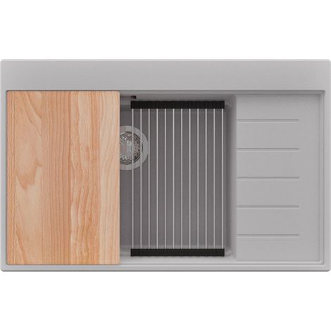 PRIMAGRAN Evier Cuisine en Granit 78x50cm,Lavabo 1 bac + Kit de Vidage + Accessoires, Évier à Encastrer au meuble 60cm - Sydney, Gris
