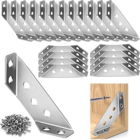Lot de 20 connecteurs d'angle en acier inoxydable, supports d'angle pour bois, supports de meubles avec vis, support en métal pour étagère, armoire, bureau, table, chaise, cadre de support (1/4)