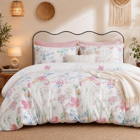 Set Housse de Couette 240x260 cm 2 Personnes et 2 x Taie d'oreillers 65x65 cm Adulte Lilas Blanc Floral Parure de Linge de Lit Motif Feuilles Fleurs avec Fermeture Éclair (1/5)