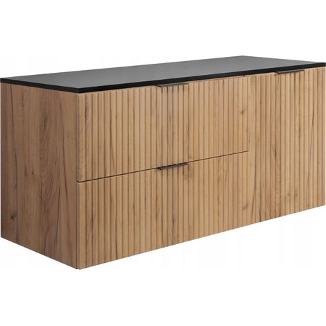 Rodan Badschrank 120 cm, Braun Matt und Holz, 46 x 120 x 57 cm, geriffelte Türen, schwarze Platte, feuchtraumgeeignet