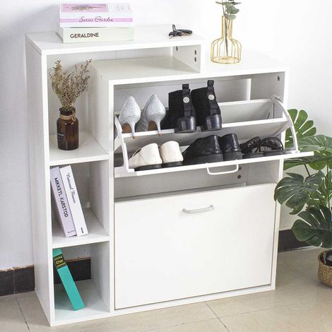 Scarpiera 2 Ante Doppia Profondita + Scaffale Libreria 4 Ripiani Bianco 80x24x90 (1/5)