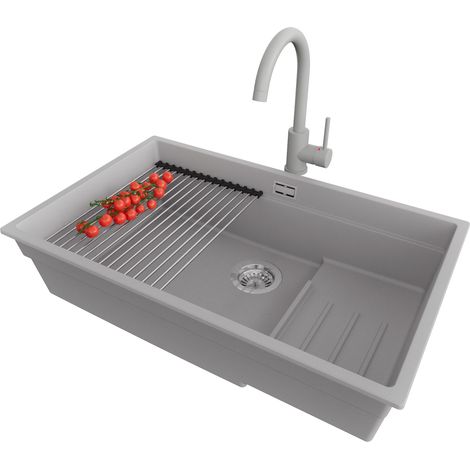 PRIMAGRAN Evier Sous Plan 76x47cm,Evier en Granit 1 bac + Robinet 32x20cm + Kit de Vidage + Égouttoir Enroulable, Évier au meuble 80cm - Prague, Gris (1/5)