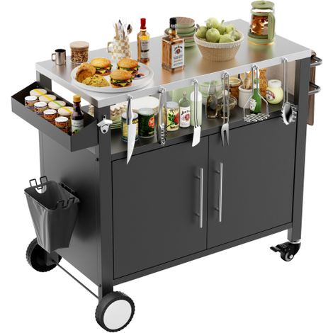 Grillwagen Outdoor 96,3 x 46 x 90,4 cm, rollbarer BBQ Servierwagen mit 2 Türen, Haken, Gewürzregal und Stauraum, Schwarz