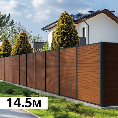 Kit Clôture Bois Composite Teck 14,5x1,8m SANTOS - Poteaux en Aluminium Gris - Brise Vue - Palissade