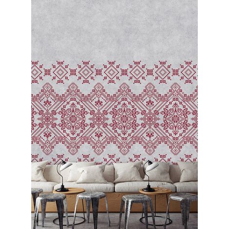 Papier peint panoramique gris & rouge scandinave | Tapisserie panoramique salon & escalier | Papier peint panoramique effet béton moderne avec motif - 270 x 400 cm (4 pièces) (1/5)