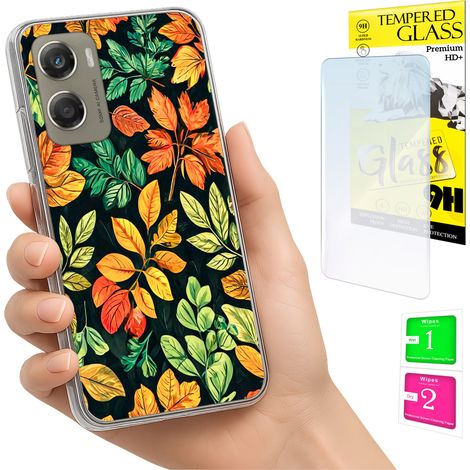 Coque pour Motorola Moto G06 / G06 Power, coque arrière avec motif feuilles et verre trempé 9H (1/5)