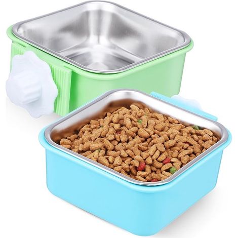 2 piezas,Comedero colgante para jaula de mascotas,Comedero para mascotas,Bebedero 2 en 1,Ajustable,Diseño doble de acero inoxidable,Verde y azul (1/5)