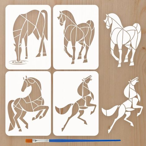 4 Pcs Pochoir Peinture Chevaux Géométriques avec Pinceau, 29.7x21cm Réutilisable Pochoirs Chevaux Élégants pour Peinture sur Bois, Tissu, Toile (1/5)