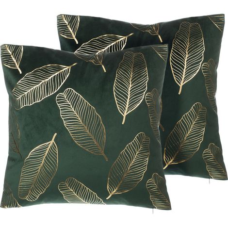 Conjunto de cojines decorativos en terciopelo verde con patrón de hoja 45 x 45 cm accesorio de casa moderno lámina dorada Freesia