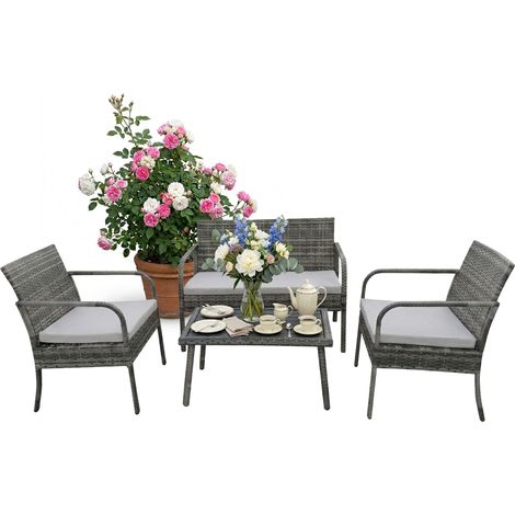 Relaxdays Gartenmöbel Set, 4-tlg. Rattan Sitzgruppe, 4 Personen, Bank, 2 Stühle & Tisch, Loungemöbel, outdoor, grau
