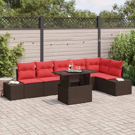 vidaXL Gartensofa-set mit Kissen 7 pcs Braun und Rot Poly-Rattan (1/5)