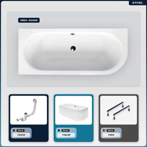 Baignoire asymétrique - 160 x 75 cm - Gauche - avec Tablier Blanc - Pieds - Vidage Chrome - AVITA (1/5)