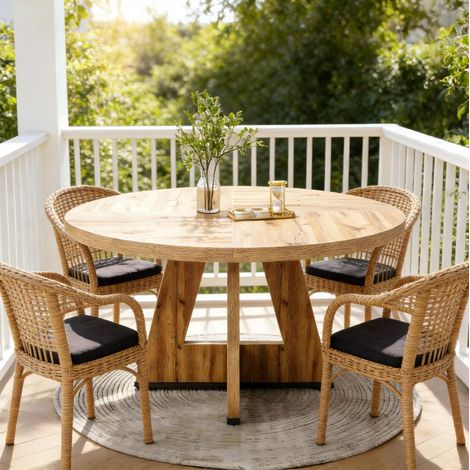 Mesa de comedor redonda 120 cm natural en madera инженерizada estilo rústico (1/5)