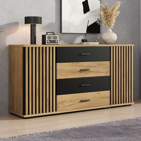 Buffet 140x35x70 cm, 4 tiroirs, 2 portes, étagères réglables, noir et bois HAVRYA (1/5)