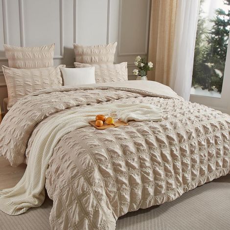 Seersucker Bettwäsche 155x220cm kariert beige, kühlend, atmungsaktiv, bügelfrei