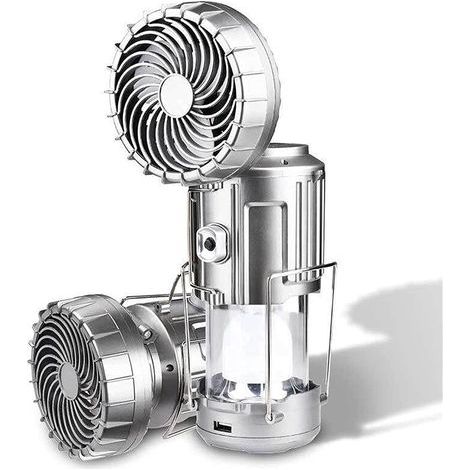 Lanterne de camping à LED extérieure portable 6 en 1 avec ventilateur, lampe de ventilateur électrique de levage et d'étirement solaire, lumières de lanterne de camping pliables (Argent) (1/5)