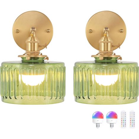 Applique Murale Vintage Rechargeable à Piles, Abat-jour en Verre Ambré Strié, Lampe LED Sans Fil avec Télécommande pour Chambre, Chevet, Salon