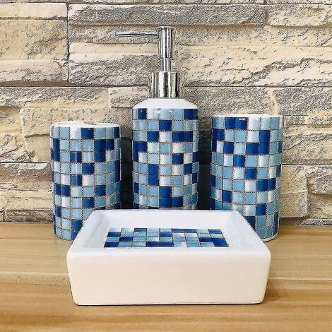 Juego de accesorios de baño de cerámica de 4 piezas - Diseño moderno - Dispensador de jabón y soporte para cepillo de dientes. (1/2)