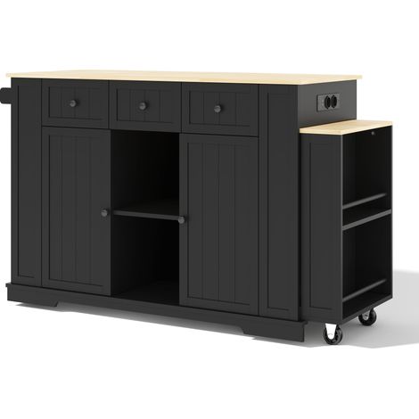 Modernluxe - Îlot central de cuisine mobile - table à manger extensible - avec 2 portes et 3 tiroirs - étagère de rangement - Noir (1/5)