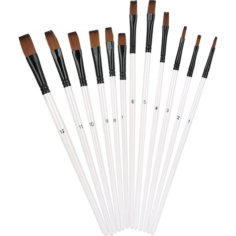 Ensemble de 12 pinceaux en nylon à manche en bois, blanc nacré, styles variés, pour la peinture à l'huile et acrylique. Tête plate.