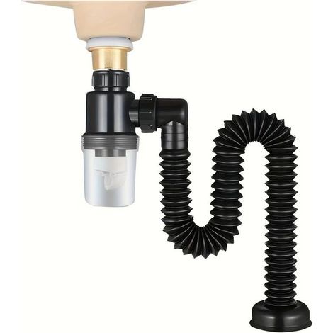 Kit de vidange pour lavabo, bonde de lavabo avec coude de stockage d'eau flexible et extensible en forme de P, tuyau de vidange (1/5)