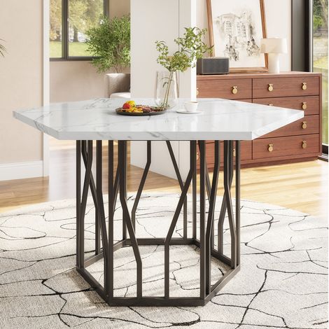 Mesa de comedor hexagonal de 115,5 x 100 cm en blanco mármol y negro, con estructura metálica (1/5)