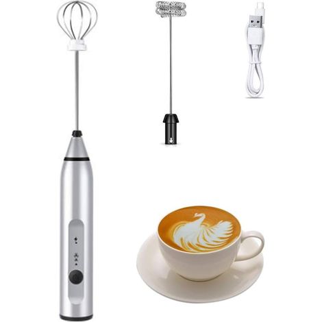 Mousseur à lait électrique portable, rechargeable par USB, double fouet, pour le café, argenté. (1/5)