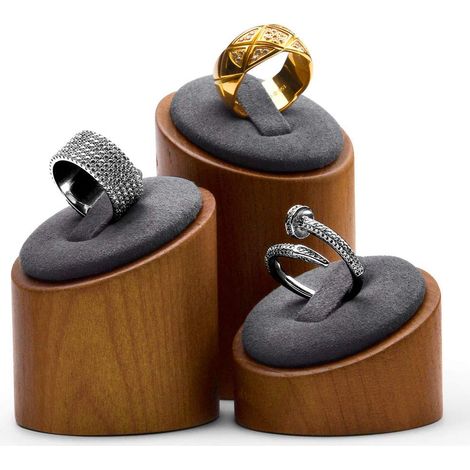 Présentoir de bagues en bois massif en trois pièces, porte-bijoux, présentoir de bagues, coquille de bague pour stands d'exposition (gris) (1/5)