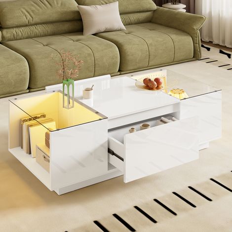 Couchtisch mit LED, Stauraum und 2 Schubladen, Glasplatte, 105 x 50 x 35 cm, weiß HAVRYA (1/5)