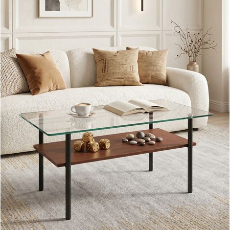 Table basse rectangulaire 2 niveaux avec verre trempé, étagère MDF, structure en métal noir et bois (1/5)