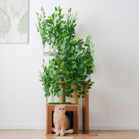 Un arbre à chat en forme de sapin de 158 cm de haut, avec trois plateformes et une grotte pour chat, avec des feuilles amovibles (1/5)