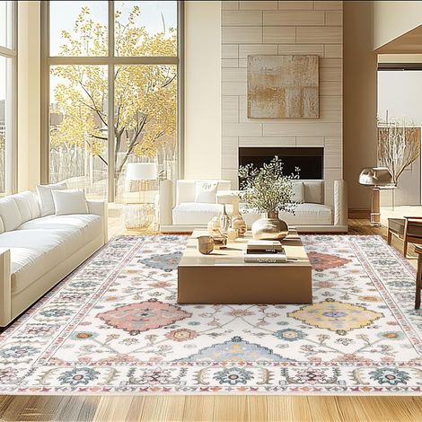 Tapis de salon bohème, 160 x 230 cm, poils courts, grand tapis oriental vintage, doux, lavable, antidérapant (1/5)