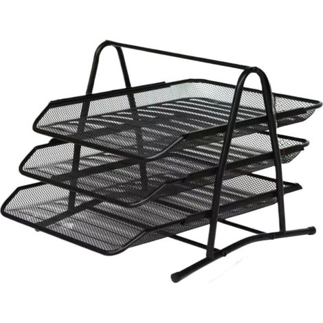 Porte‑documents de bureau à 3 niveaux en métal maillé, bac de rangement pour courriers et dossiers, structure superposée (1/4)