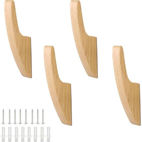 4 Pièces Patere Murale Bois, Chêne Crochet Porte Manteau, Multifonction Porte Manteaux Mural, Courbé Crochet Mural Bois, pour Vêtements, Écharpes, Sacs de Courses (1/5)