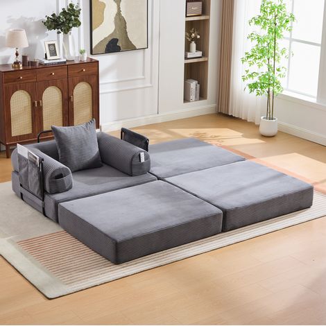 Canapé modulable en velours côtelé gris foncé avec repose-pieds et coussin, OKWISH (1/5)