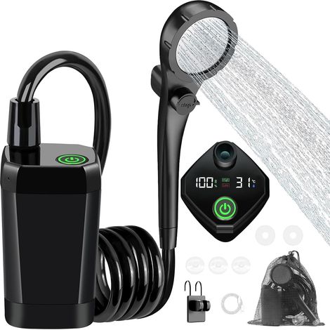 Douche de Camping, Kit Douche Portable 6000mAh Rechargeable avec écran LED Intelligent 3 Modes de Douche IPX7 Etanche Convient pour Extérieure, Camping, Randonnée (1/5)