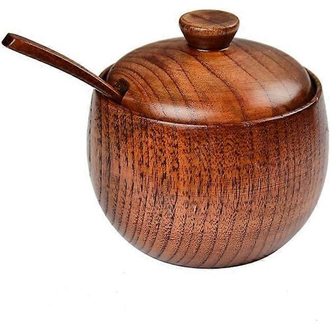 Pot à épices en bois avec couvercle et cuillère, pot à condiments en bois massif (1/5)