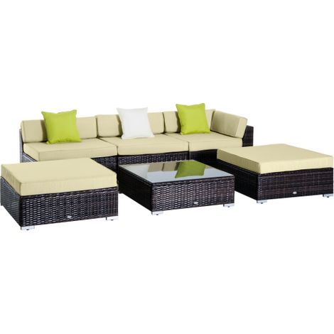 6-Piece Rattan Sofa Set with Coffee Table and Cushions for Outdoor Garden and Conservatory, Brown Wicker Furniture