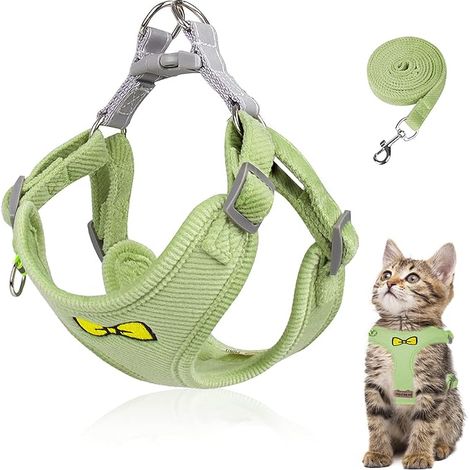 Juego de correa para gatos, arnés ajustable de poliéster con correa para evitar que los gatitos y cachorros se escapen (verde, M)