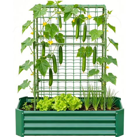 Carré potager surélevé en métal vert avec grillage, bac de culture 120 x 60 x 150 cm pour fleurs, légumes et herbes, terrasse, balcon CHICFURN (1/5)