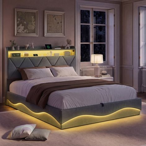 Lit double 160 x 200 cm – Lit double – Tissu velours – Rangement intégré – Sommier à lattes (1/5)
