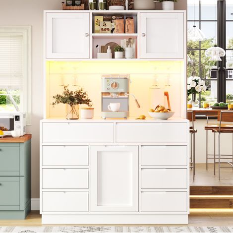 Armario alto de cocina MDF blanco con LED, 8 cajones y estantes regulables, 120x40x183,5 cm (1/5)