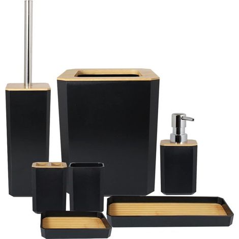 Juego de baño y lavandería de bambú de 7 piezas: Botellas para loción, porta cepillos de dientes, vaso para cepillos de dientes, jabonera, escobilla de inodoro, papelera (7 piezas)