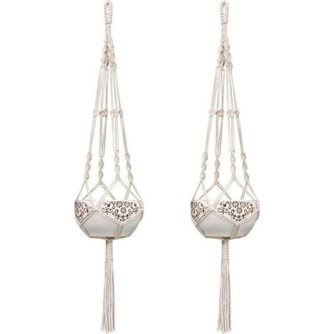 2 Paquets 105cm Blanc Crème Macramé Plante Suspension Corde Pot de Fleurs Suspendu Exterieur Interieur Solide Corde de Coton Pots Support pour Fleur Décoration Mural Balcon Jardin Style Bohême (1/5)