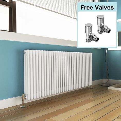 ELEGANT 600 x 1505 mm Traditional Radiator Cast Iron Style Horizontal Radiator White Triple Horizontal Column Radiators + Angled Radiator Valves (1/5)