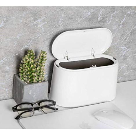 Petite Poubelle de Table, Mini Poubelle de Bureau en Design Plastique avec Couvercle à Bouton-Poussoir,Push Top Trash Can Rubbish Waste Dust Bin (Blanc) (1/5)